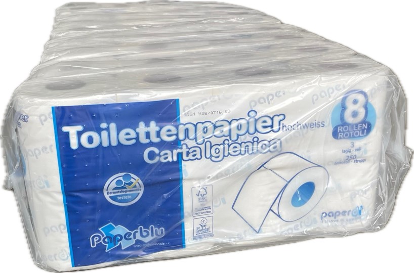 Bild 2 Paperdi, Toilettenpapier Paperblue  3-lg. weiß  Art.ID8S250F8 64 x 250 Blatt    (8x8 Ro.) 33 Pk./Pal