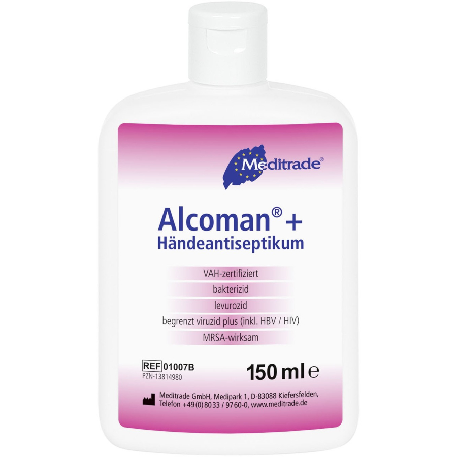 Meditrade, Alcoman +  150ml  Art.01007B Händedesinfektion   1 VE = 24 Fl.